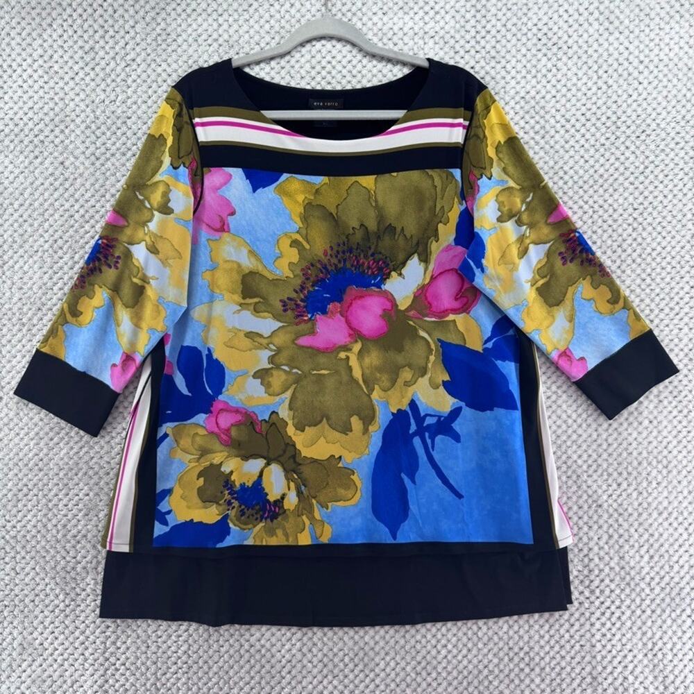 Eva Varro Tunic Top Womens XL Blue Water Paint Floral Jersey Stretch Art To Wear